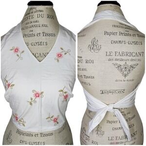 Vtg Ann Taylor Tie Back Halter Tank Top‎ Women 8P White Floral Embroidery Y2K